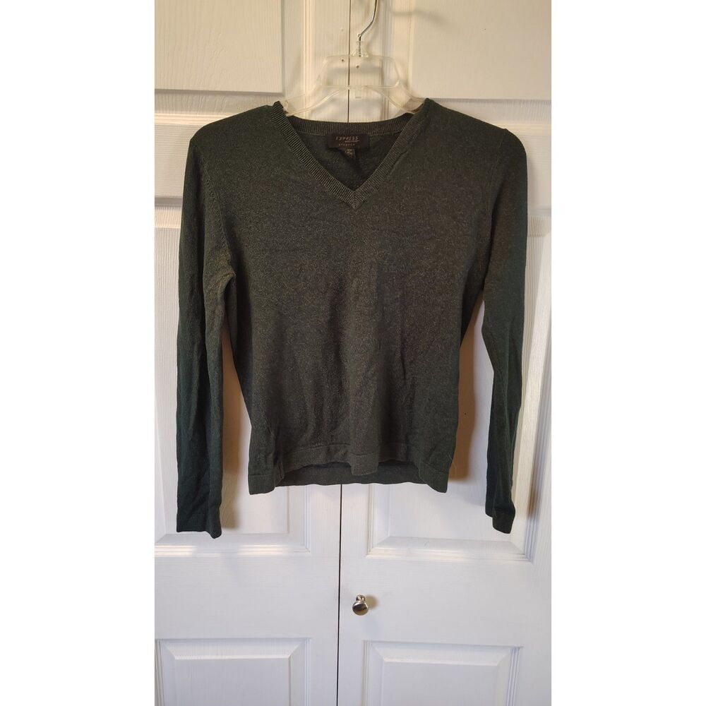 Express Stretch Dark Heather Green V-Neck Pullover Knit Sweater Large